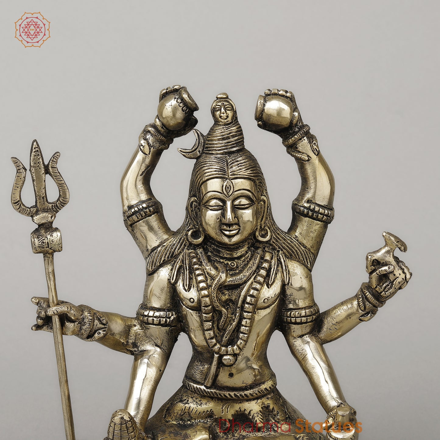 Brass Mahamritunjya Shiva with 6 Hands, Smooth Finish, 10"