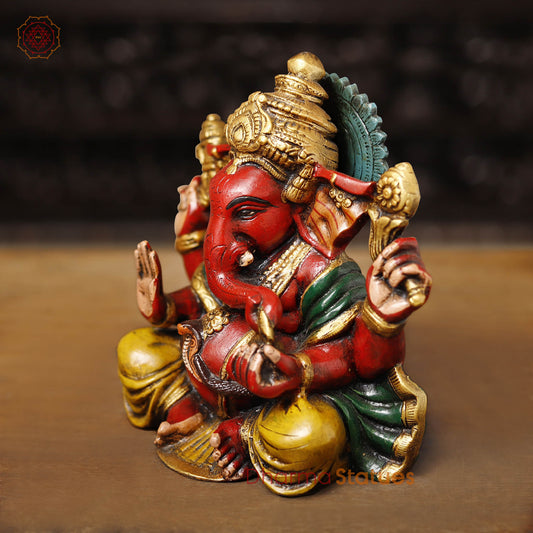 Brass Ganesh Seated, Hand painted vibrant red and yellow colors, 8.5"