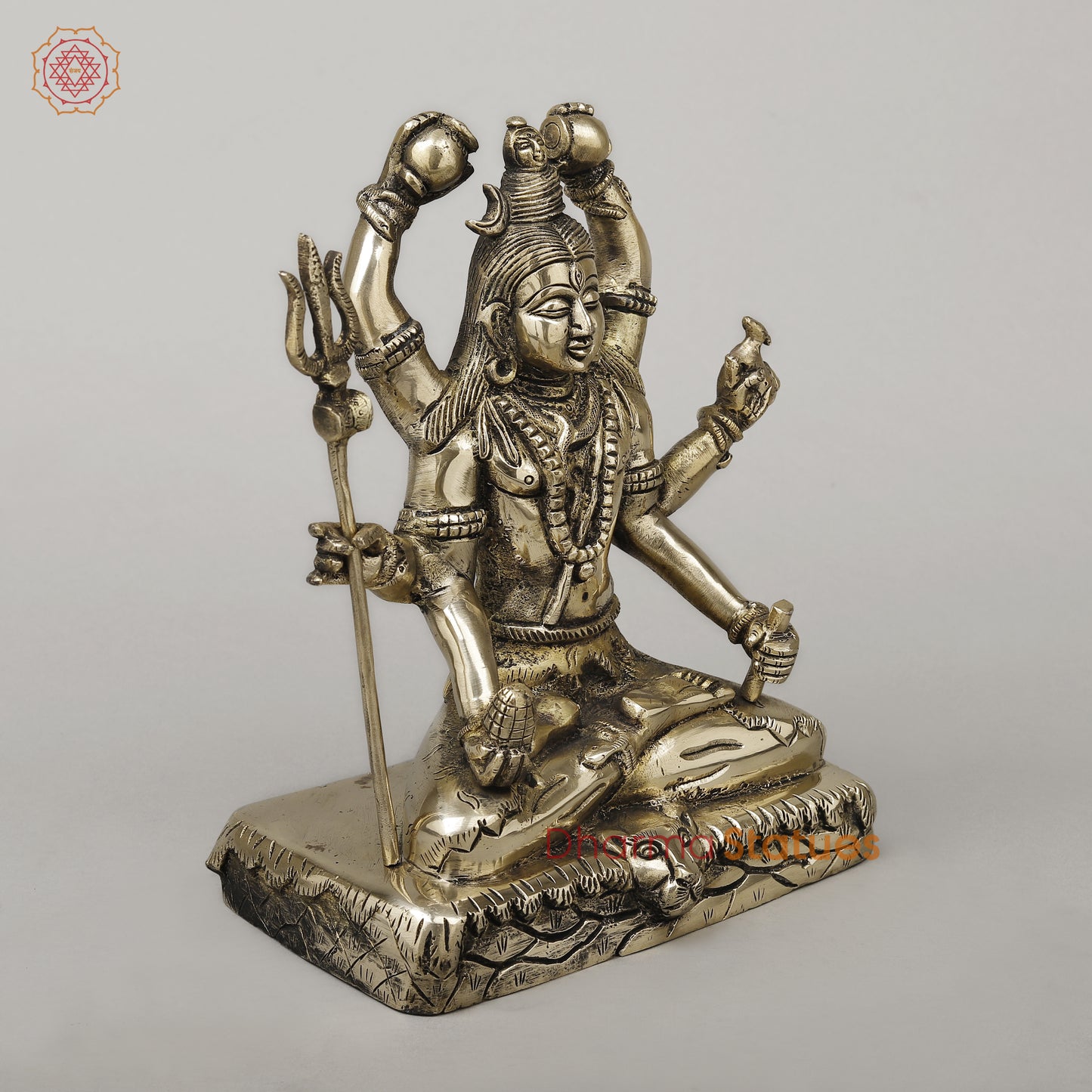 Brass Mahamritunjya Shiva with 6 Hands, Smooth Finish, 10"