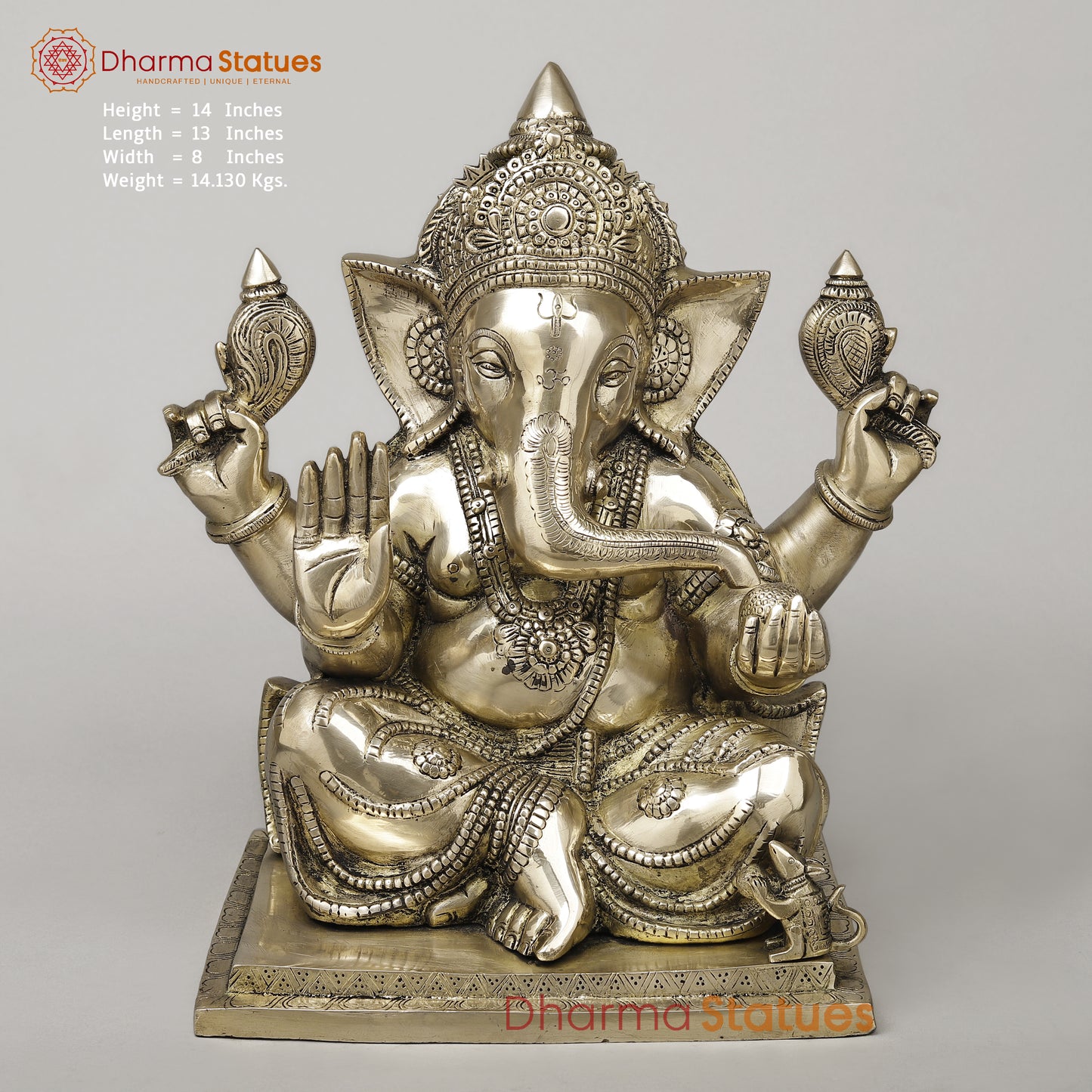 Brass Ganesh Seated in Blessing Posture, Smooth Finish, 14"