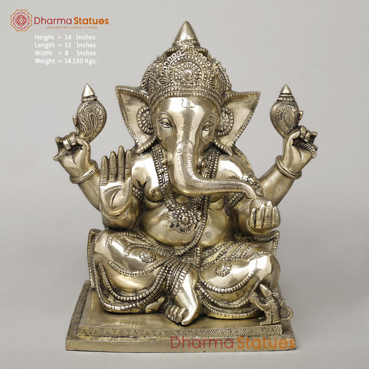 Brass Ganesh Seated in Blessing Posture, Smooth Finish, 14"