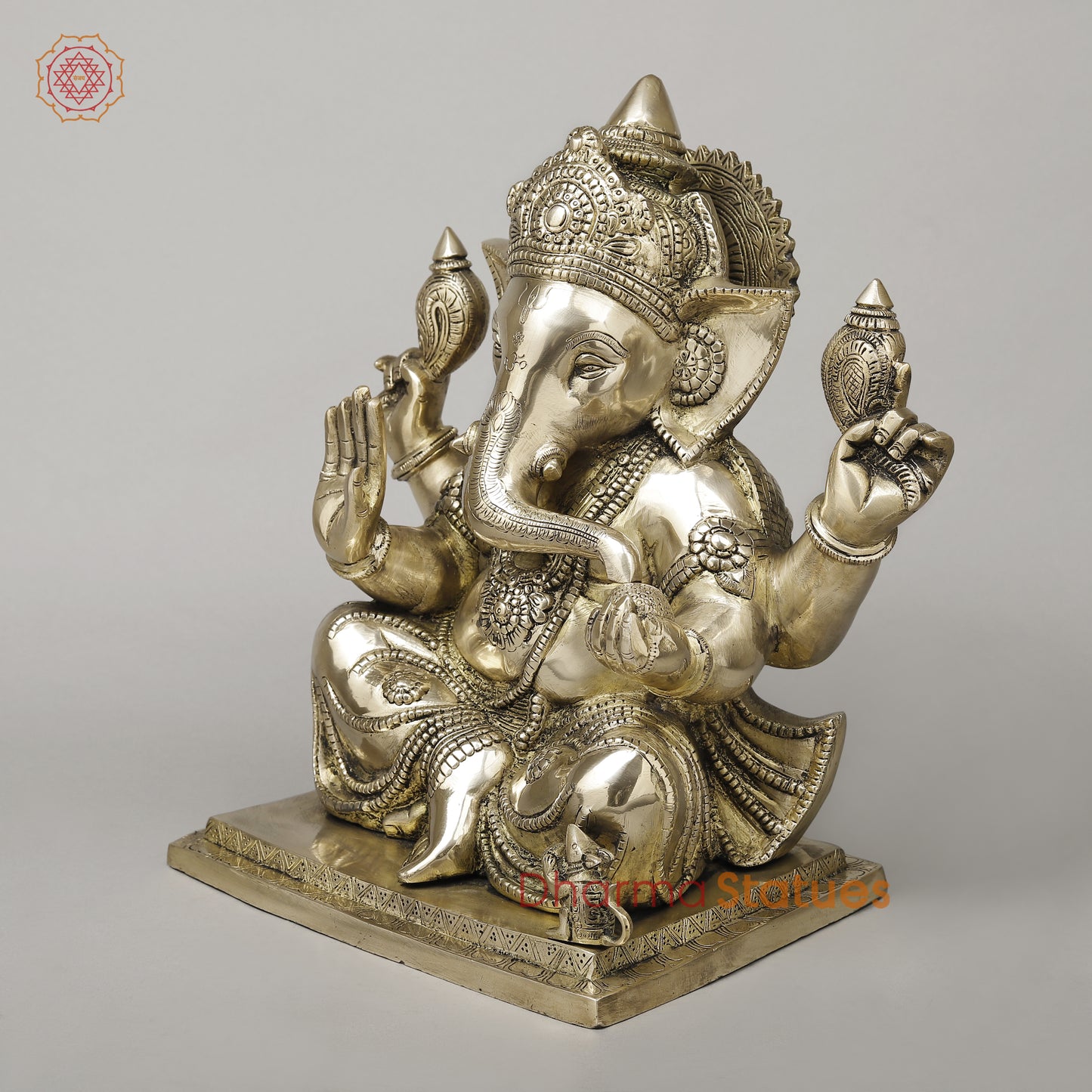 Brass Ganesh Seated in Blessing Posture, Smooth Finish, 14"