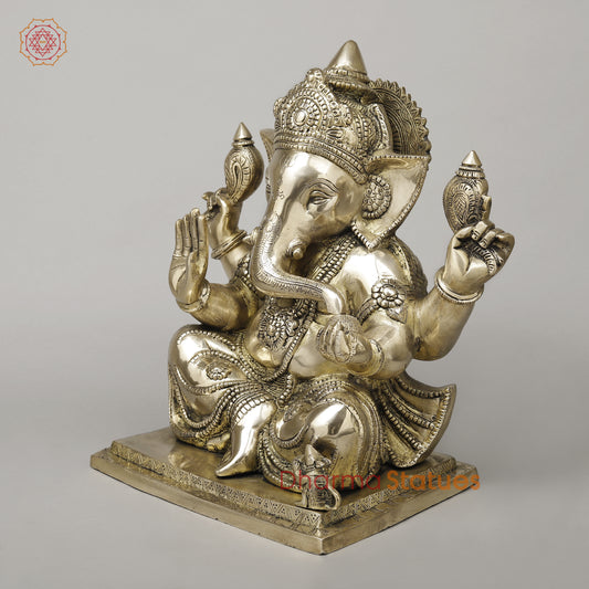 Brass Ganesh Seated in Blessing Posture, Smooth Finish, 14"