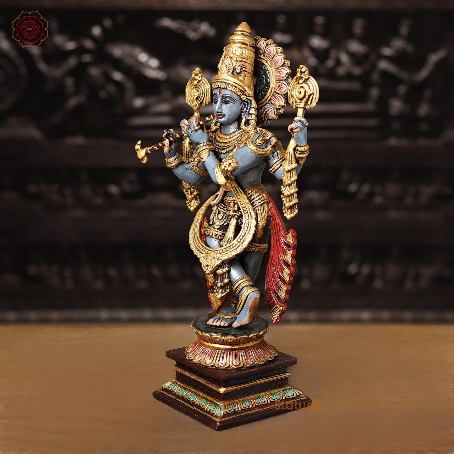 Brass Krishna Playing Flute, Multi-color Finish, 19"