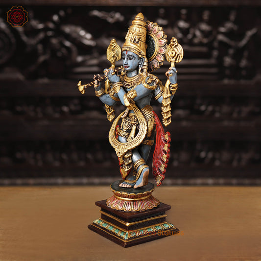Brass Krishna Playing Flute, Multi-color Finish, 19"