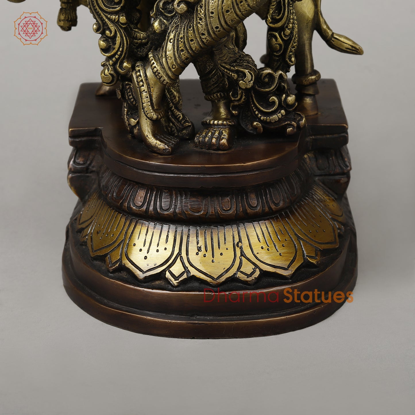 Brass Krishna Playing Flute with Cow, Copper & Golden Finish, 14.5"