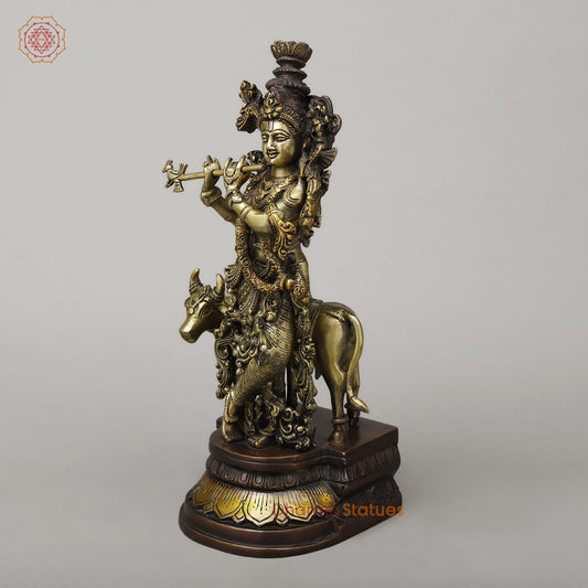 Brass Krishna Playing Flute with Cow, Copper & Golden Finish, 14.5"