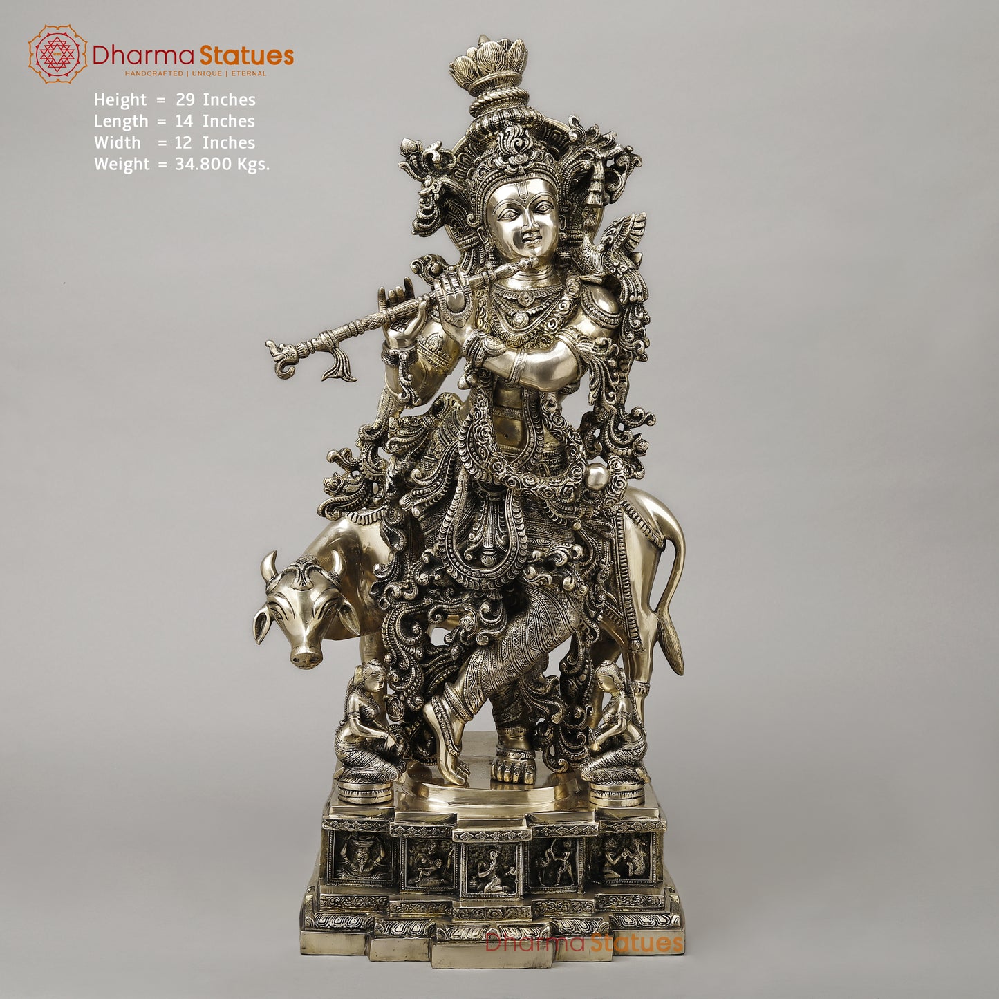 Brass Krishna Playing Flute with Cow, Smooth Finish, 29"