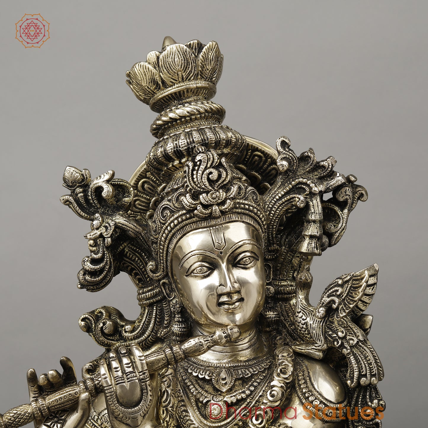 Brass Krishna Playing Flute with Cow, Smooth Finish, 29"