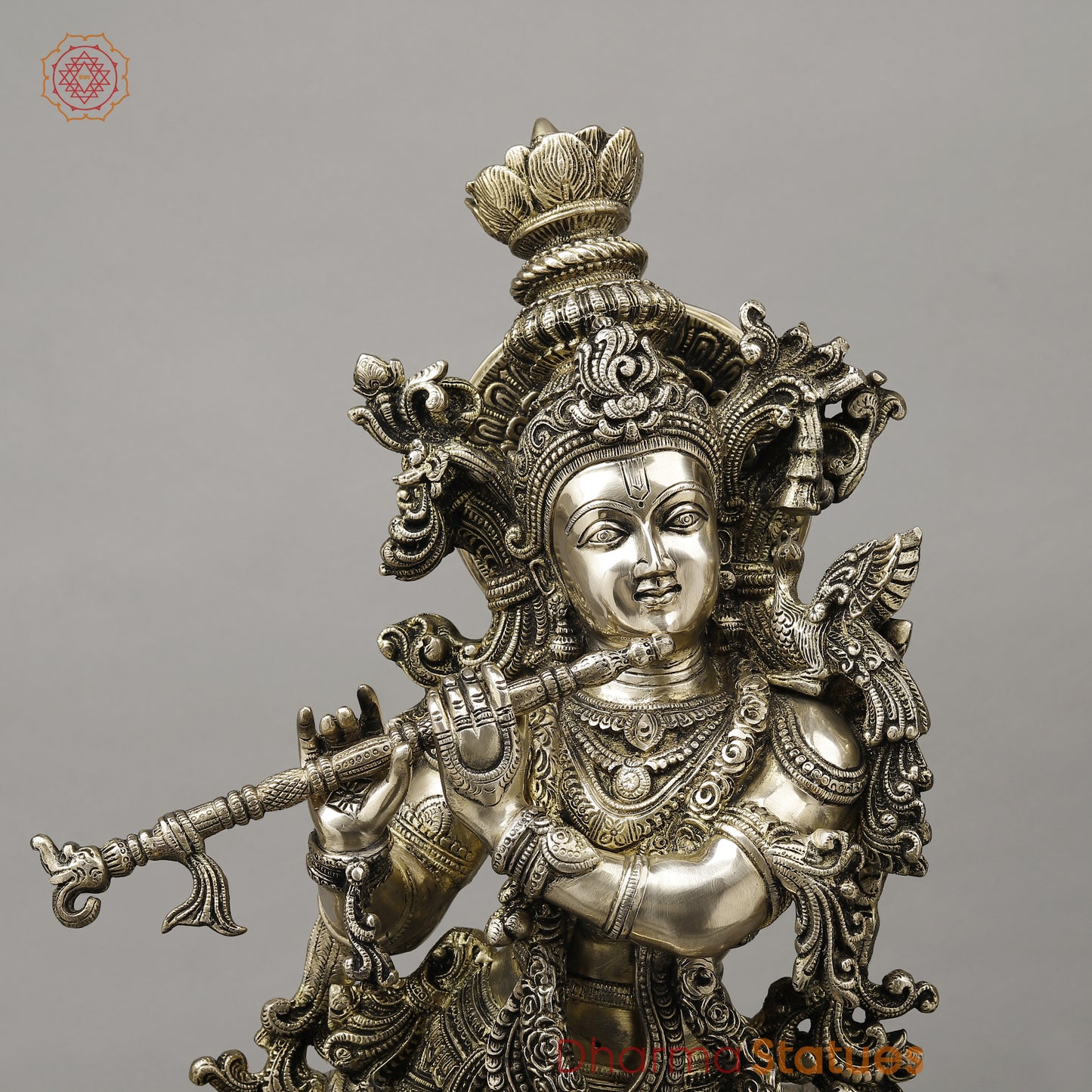 Brass Krishna Playing Flute with Cow, Smooth Finish, 29"