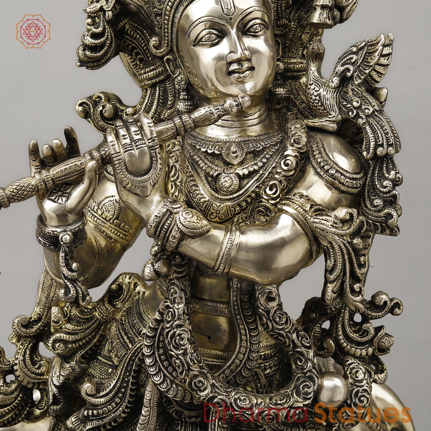 Brass Krishna Playing Flute with Cow, Smooth Finish, 29"