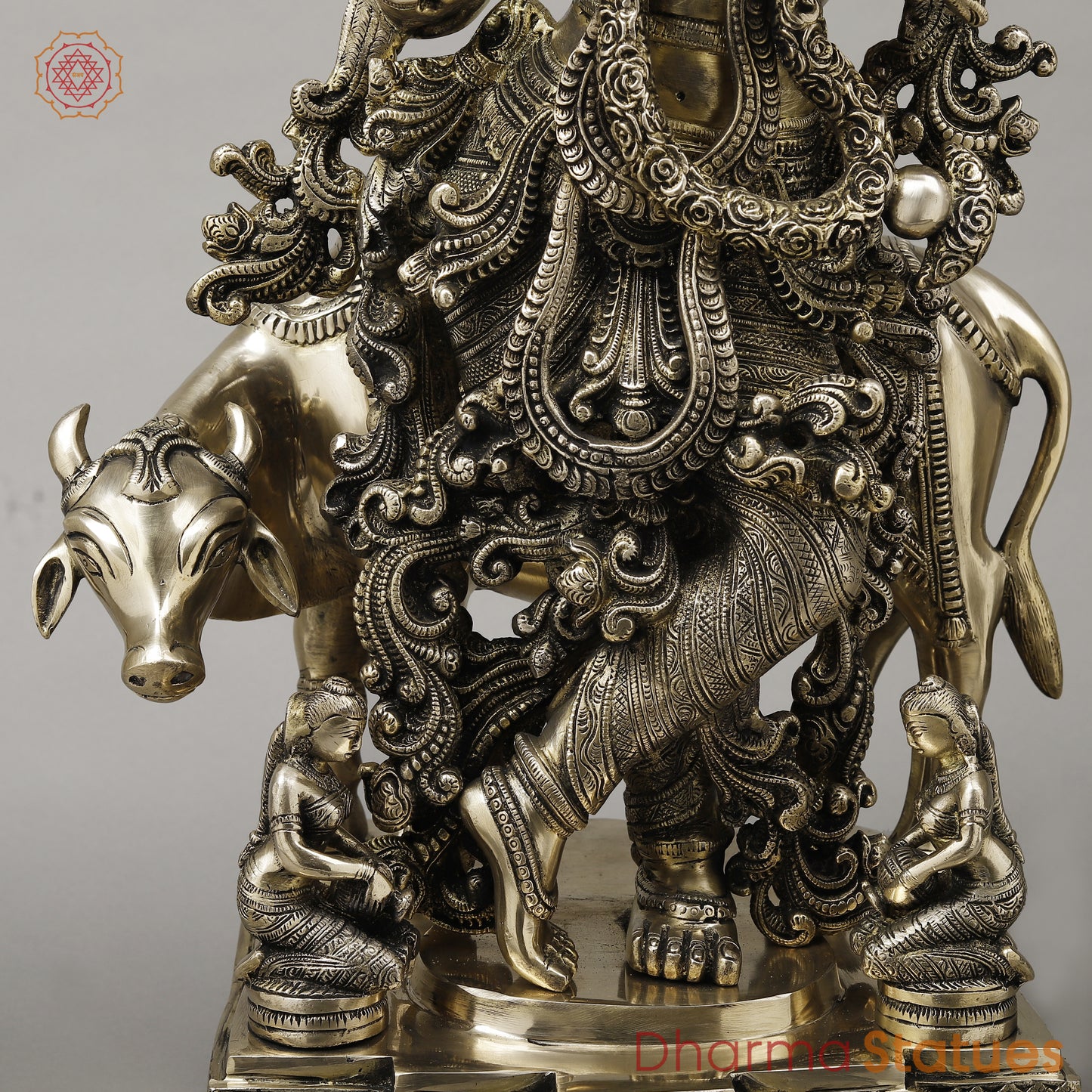 Brass Krishna Playing Flute with Cow, Smooth Finish, 29"