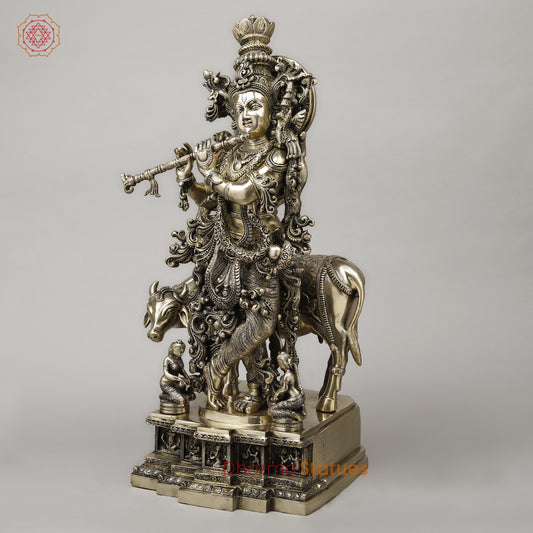 Brass Krishna Playing Flute with Cow, Smooth Finish, 29"