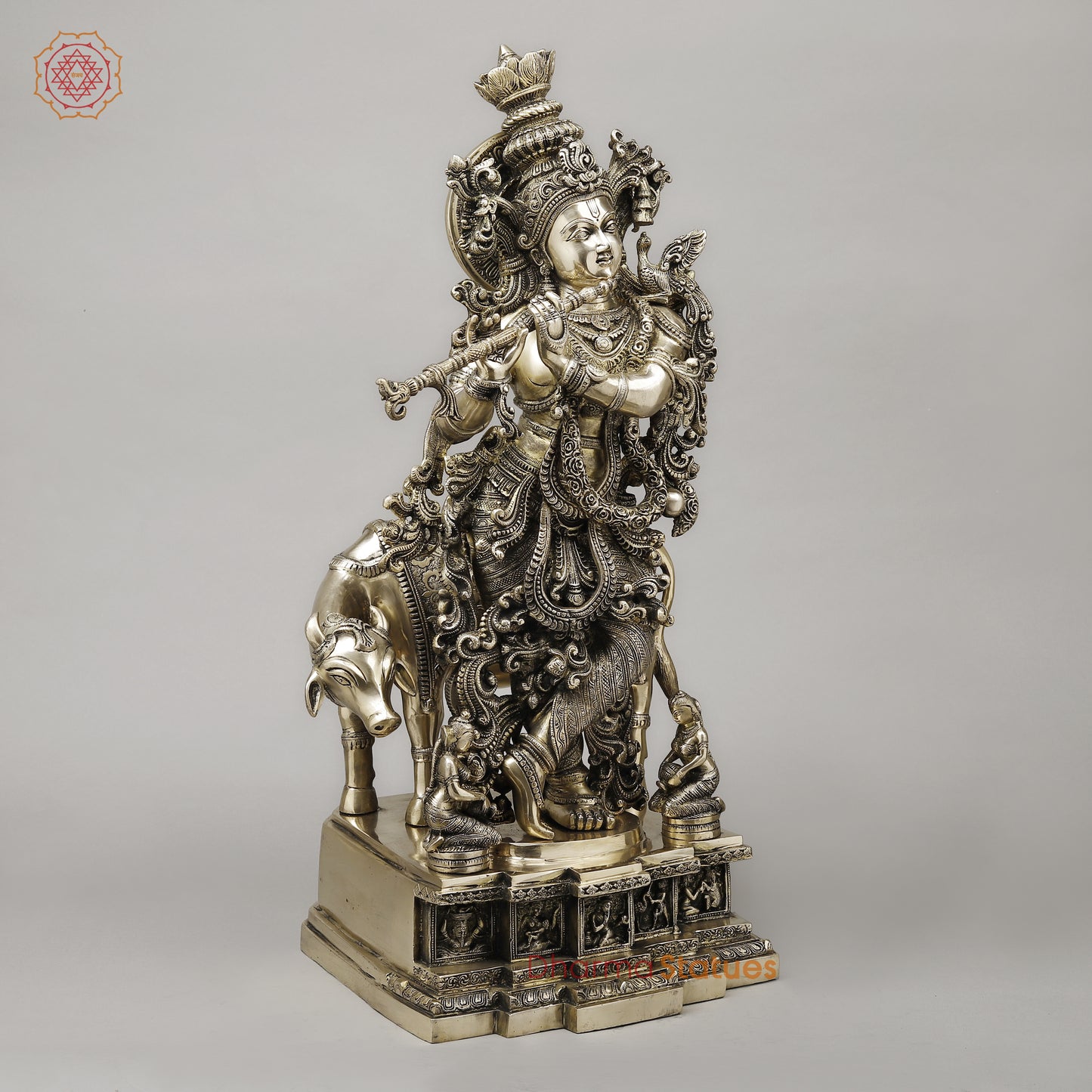 Brass Krishna Playing Flute with Cow, Smooth Finish, 29"