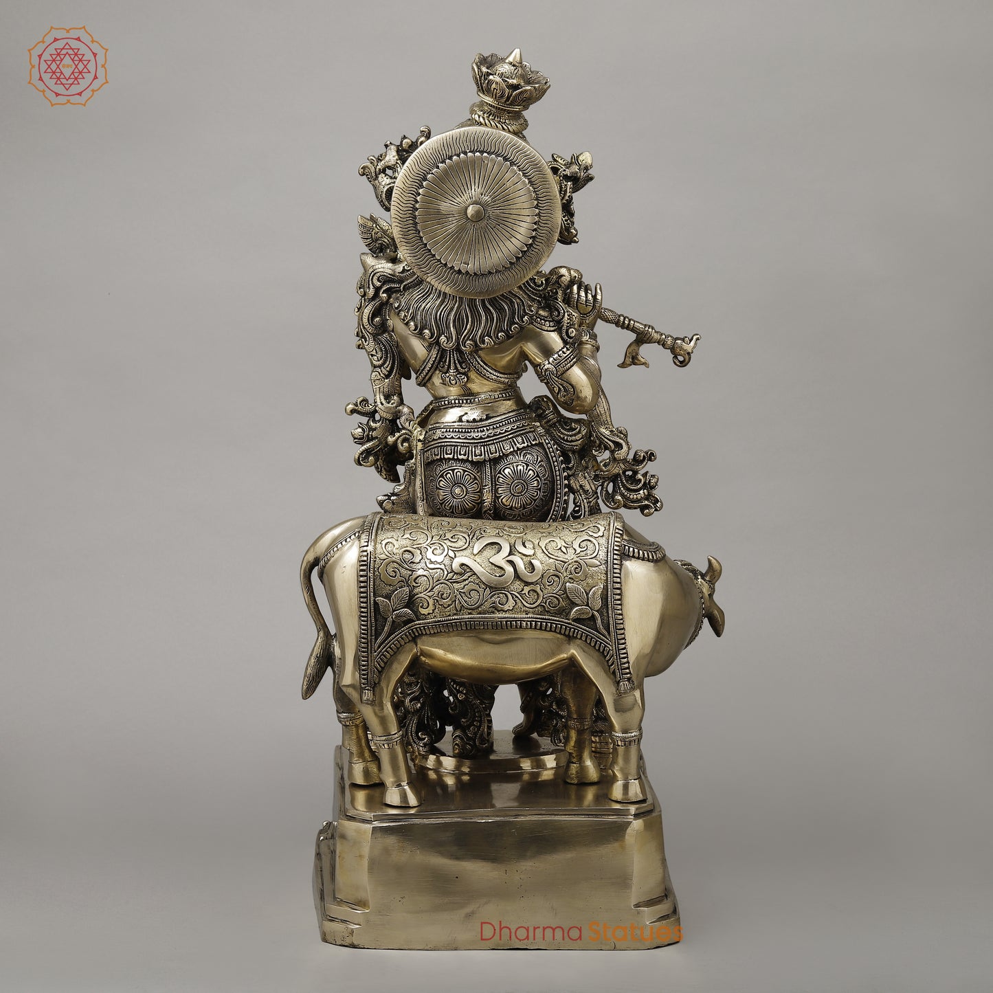 Brass Krishna Playing Flute with Cow, Smooth Finish, 29"