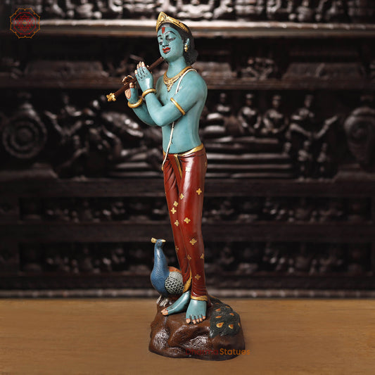 Brass Lord Krishna Idol, Playing Flute, Multi-Color Finish, 29"
