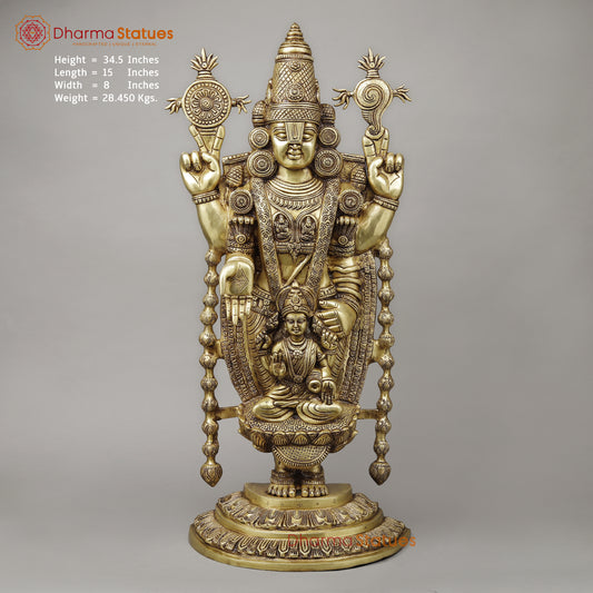 Brass Tirupati Balaji (Venkateshvara Swami) with Lakshmi, Golden Finish, 34.5"