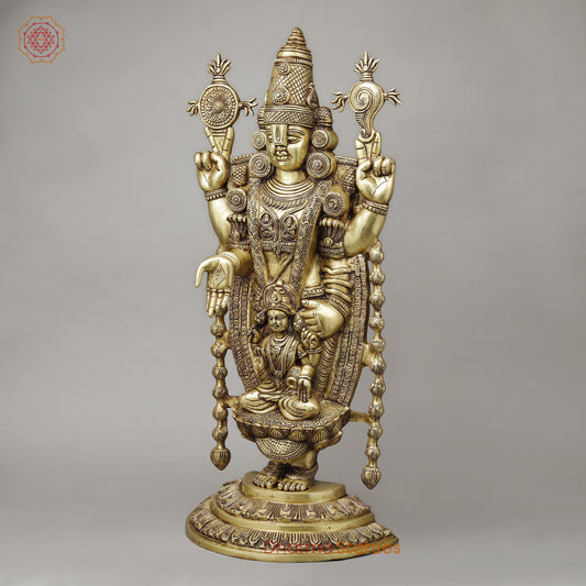 Brass Tirupati Balaji (Venkateshvara Swami) with Lakshmi, Golden Finish, 34.5"