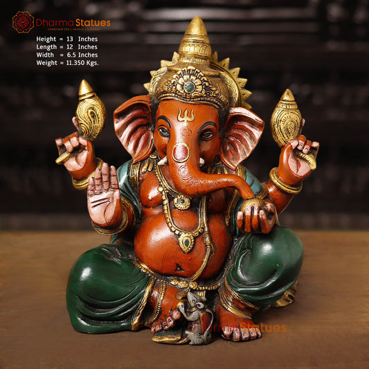 Brass Ganesh Seated, Hand Painted Color, 13" Front View