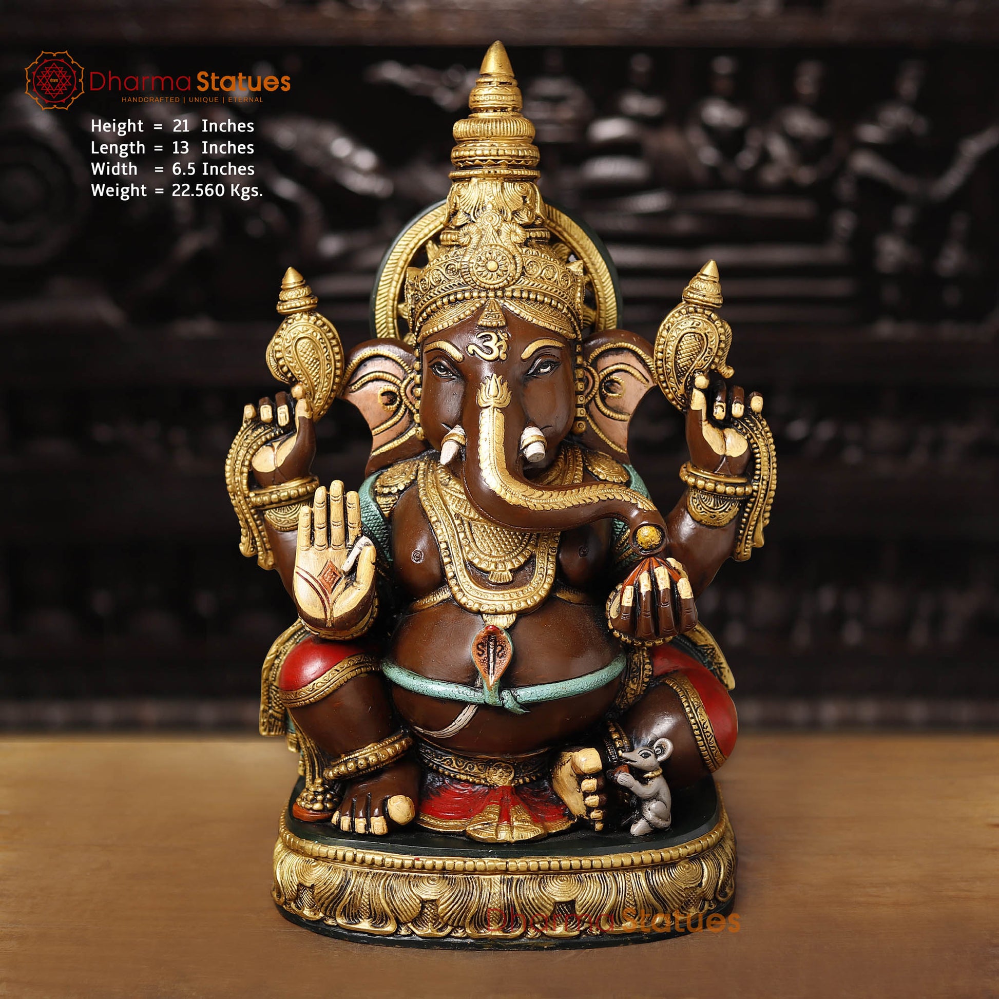 Brass Surya Ganesh Seated Beautifully Hand Painted 21" Front View
