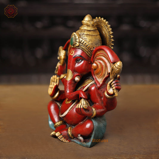 Brass Ganesha Seated Long ears, Hand Painted, 10"