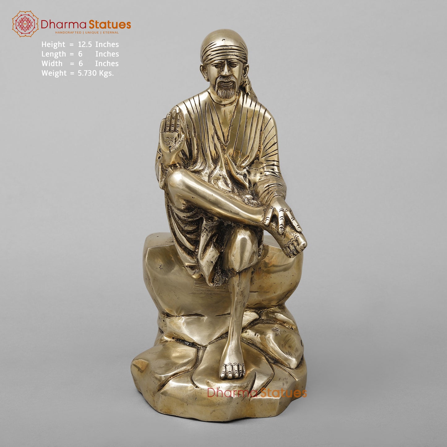 Brass Shirdi Sai Baba in Blessing Posture, Golden Finish, 12.5"