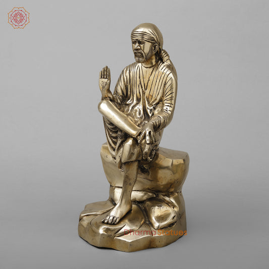 Brass Shirdi Sai Baba in Blessing Posture, Golden Finish, 12.5"