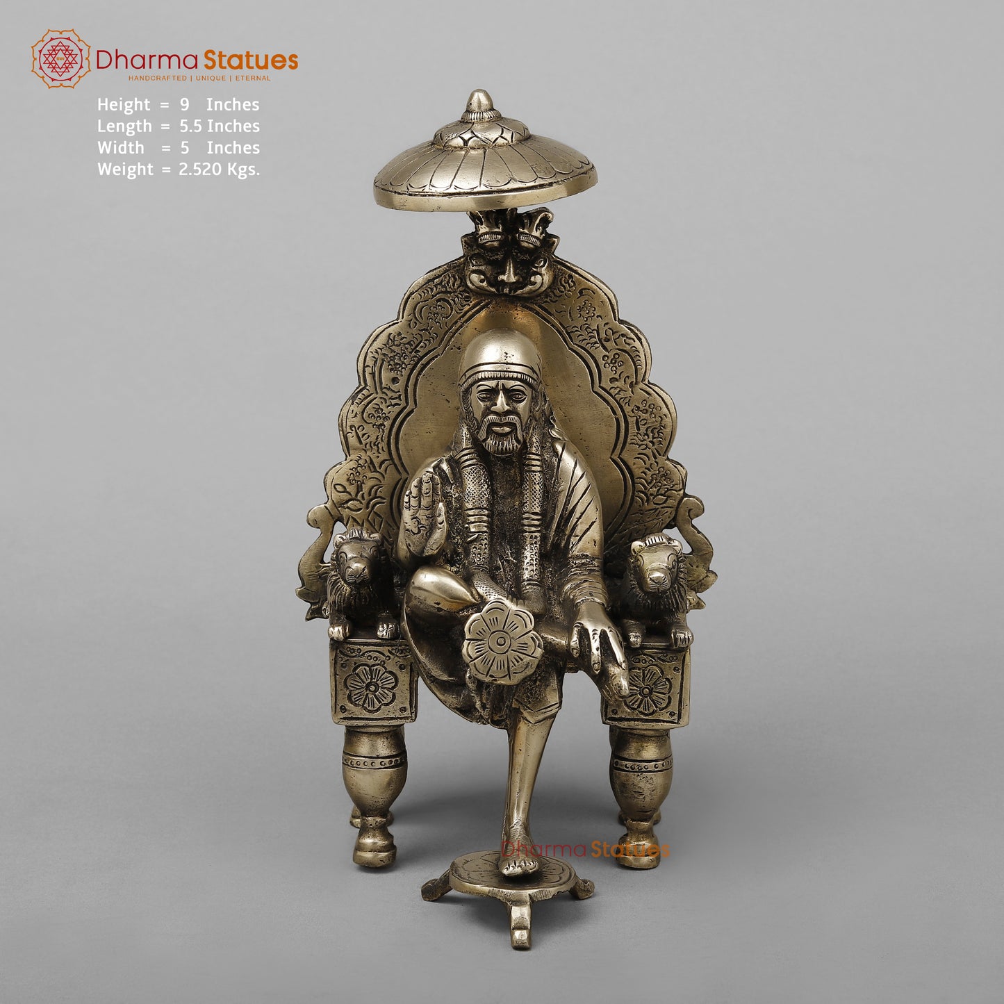 Brass Shirdi Sai Baba Seated on Throne, Golden Finish, 9"