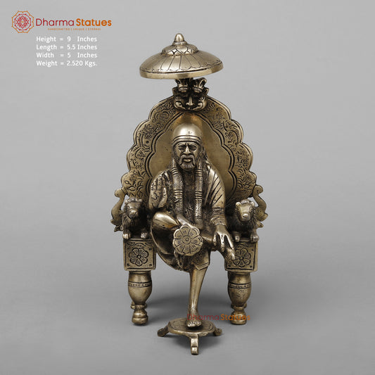 Brass Shirdi Sai Baba Seated on Throne, Golden Finish, 9"