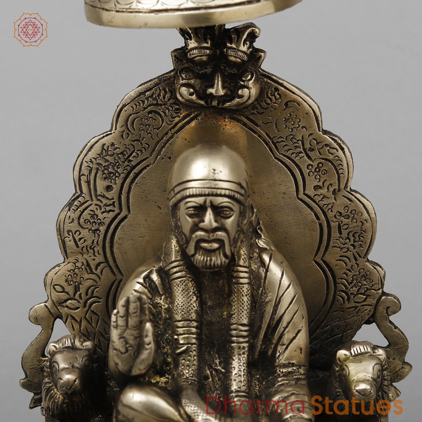 Brass Shirdi Sai Baba Seated on Throne, Golden Finish, 9"