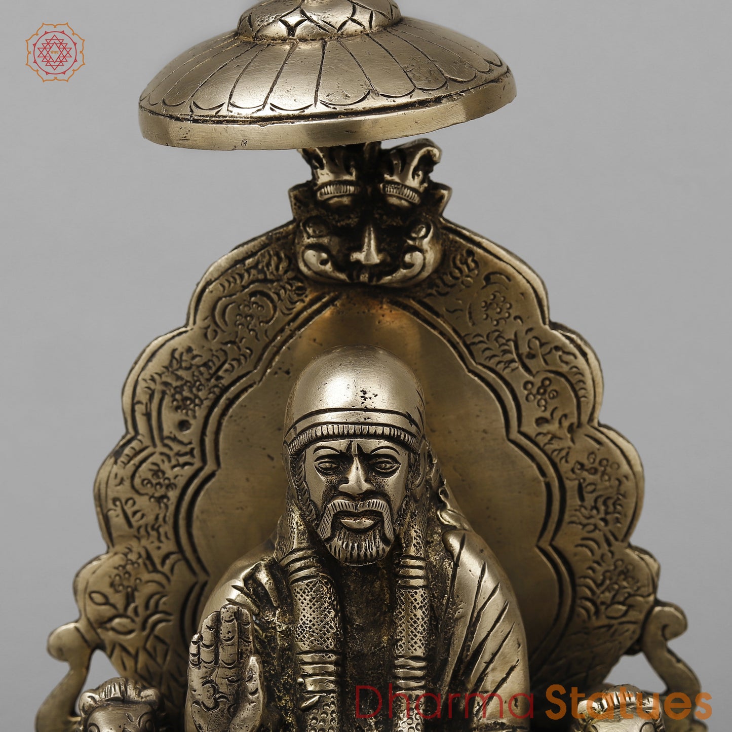 Brass Shirdi Sai Baba Seated on Throne, Golden Finish, 9"