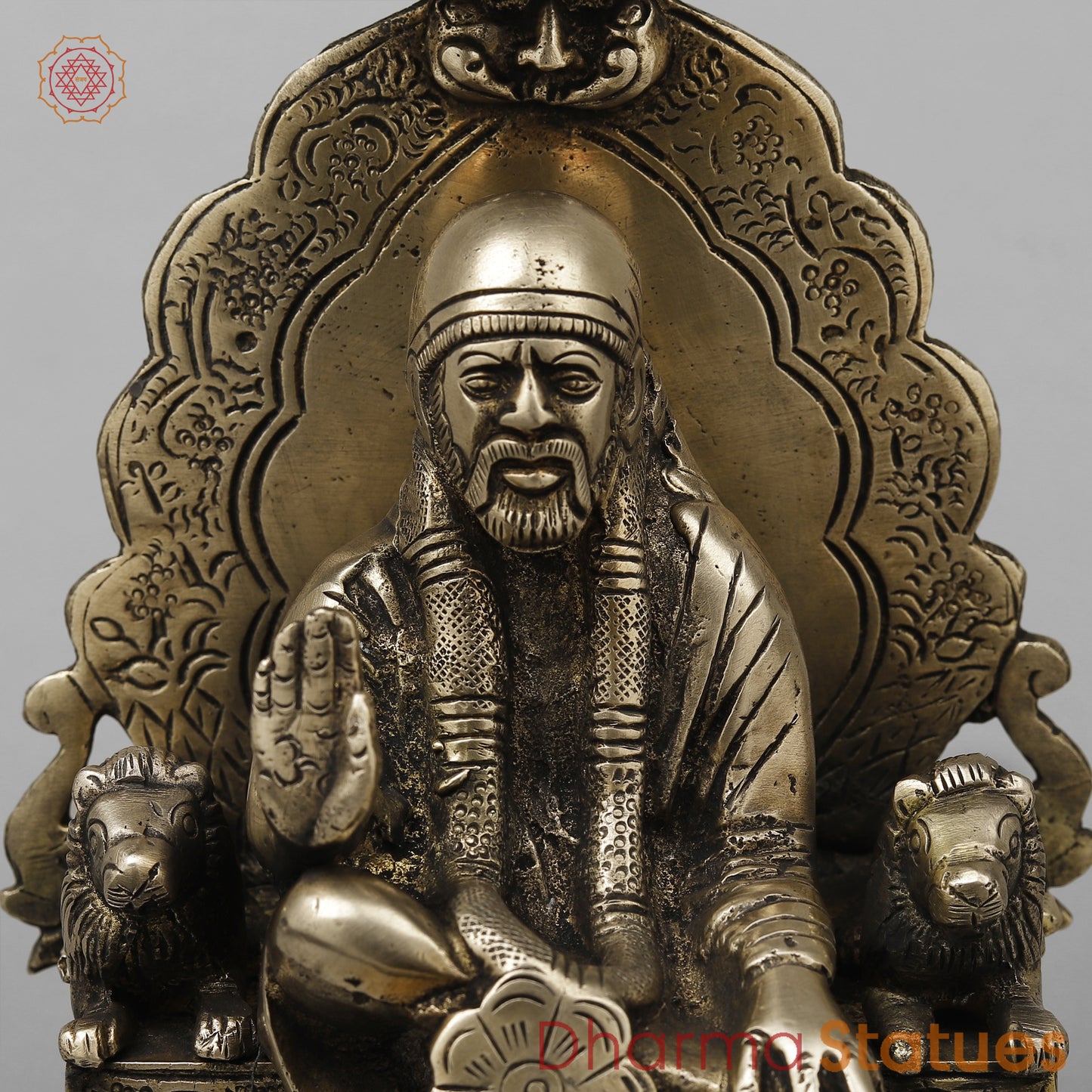 Brass Shirdi Sai Baba Seated on Throne, Golden Finish, 9"