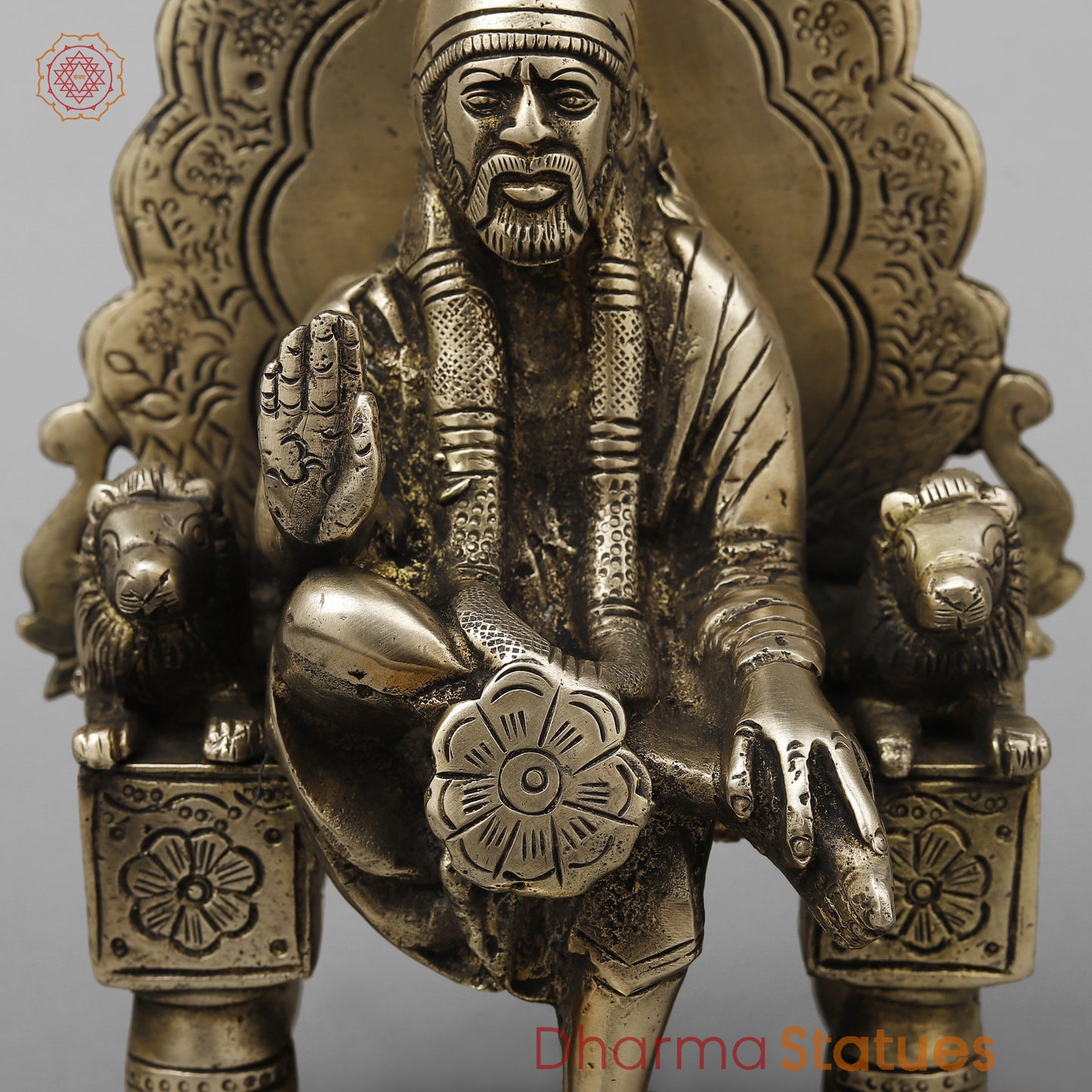 Brass Shirdi Sai Baba Seated on Throne, Golden Finish, 9"