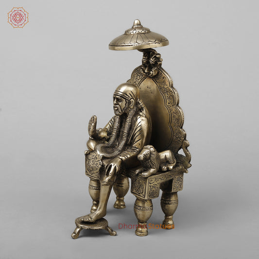 Brass Shirdi Sai Baba Seated on Throne, Golden Finish, 9"