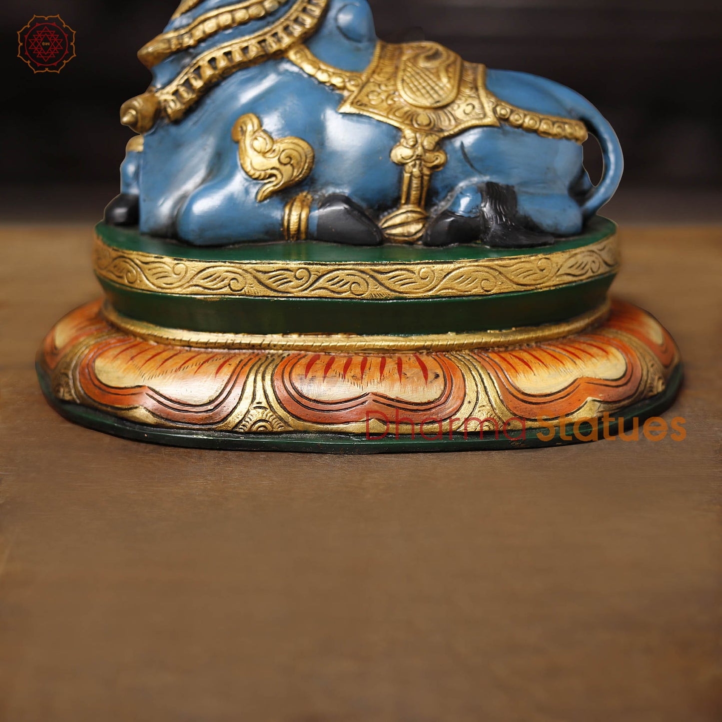 Brass Nandi Idol, The Sacred Guardian in Golden Accents, Mystic Blue Finish 10"