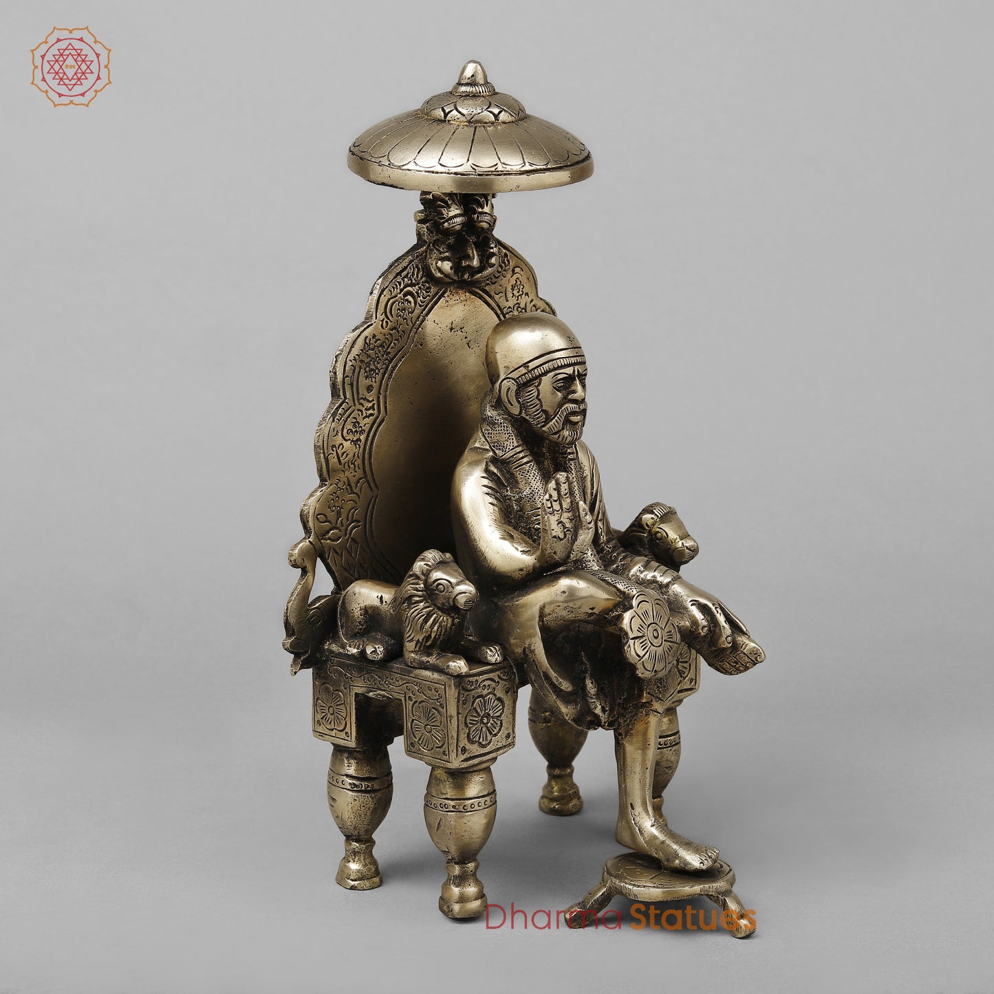 Brass Shirdi Sai Baba Seated on Throne, Golden Finish, 9"