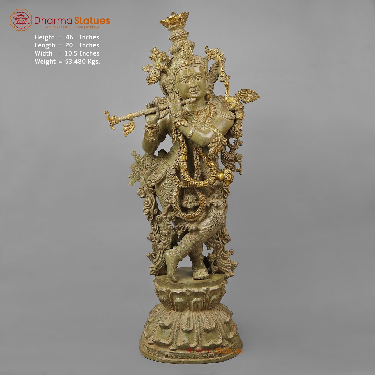 Brass Krishna Playing Flute, Green Patina Finish, 46"