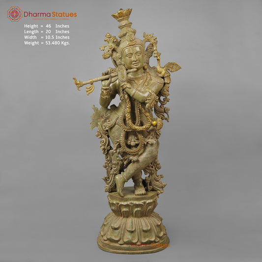 Brass Krishna Playing Flute, Green Patina Finish, 46"