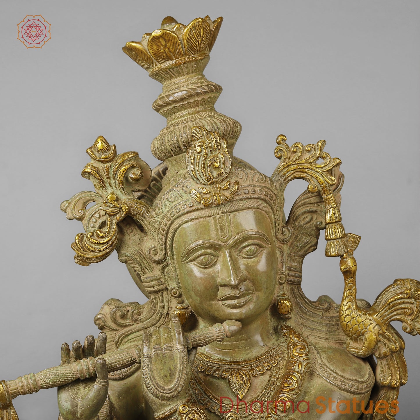 Brass Krishna Playing Flute, Green Patina Finish, 46"