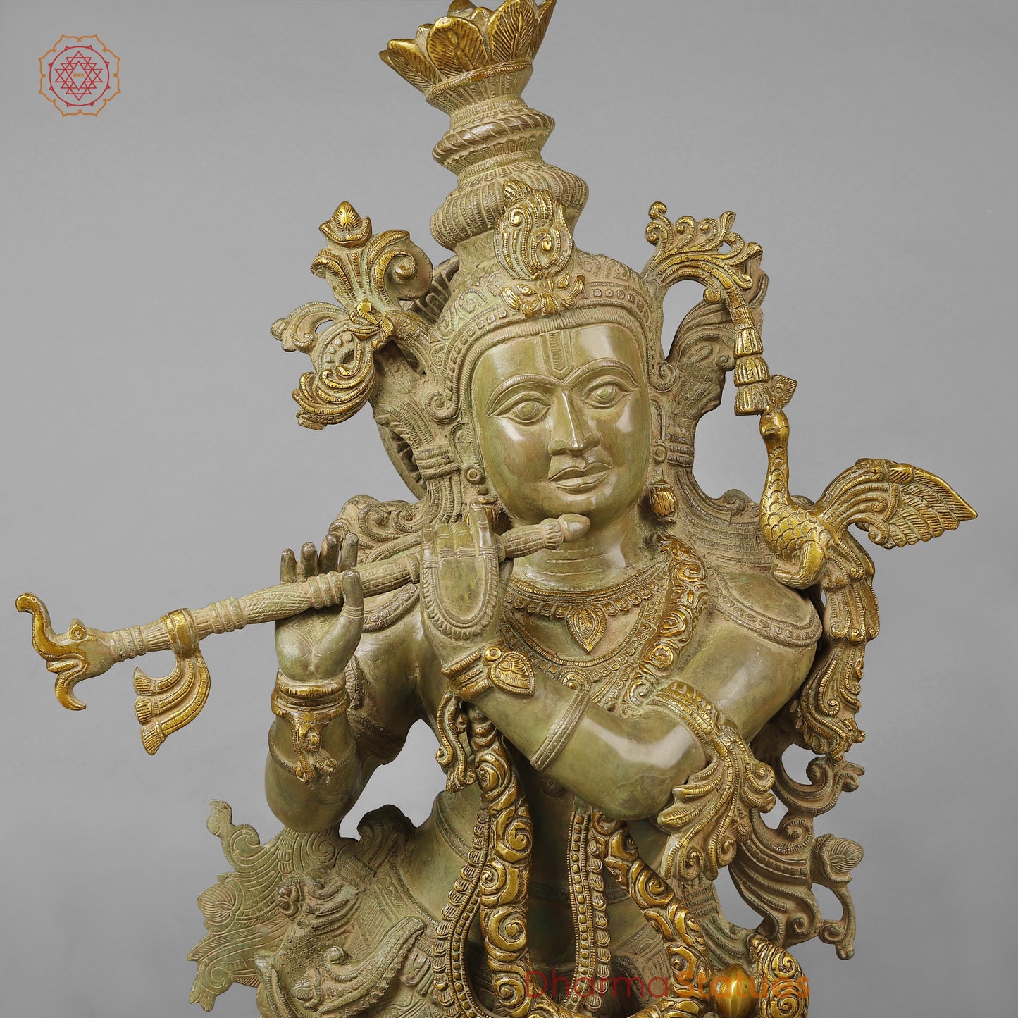 Brass Krishna Playing Flute, Green Patina Finish, 46"