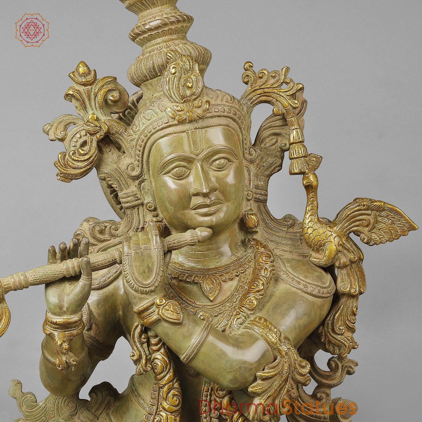 Brass Krishna Playing Flute, Green Patina Finish, 46"