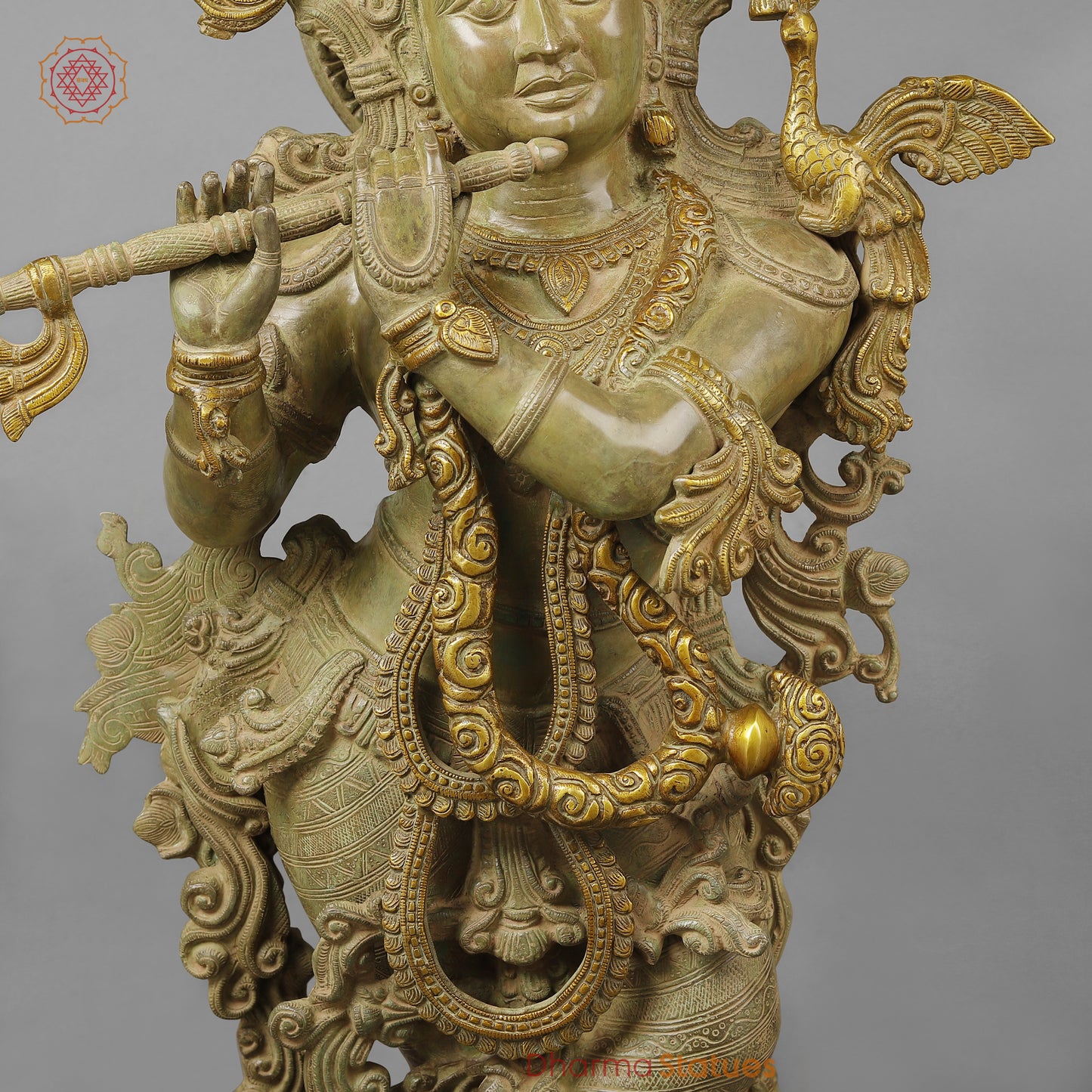 Brass Krishna Playing Flute, Green Patina Finish, 46"
