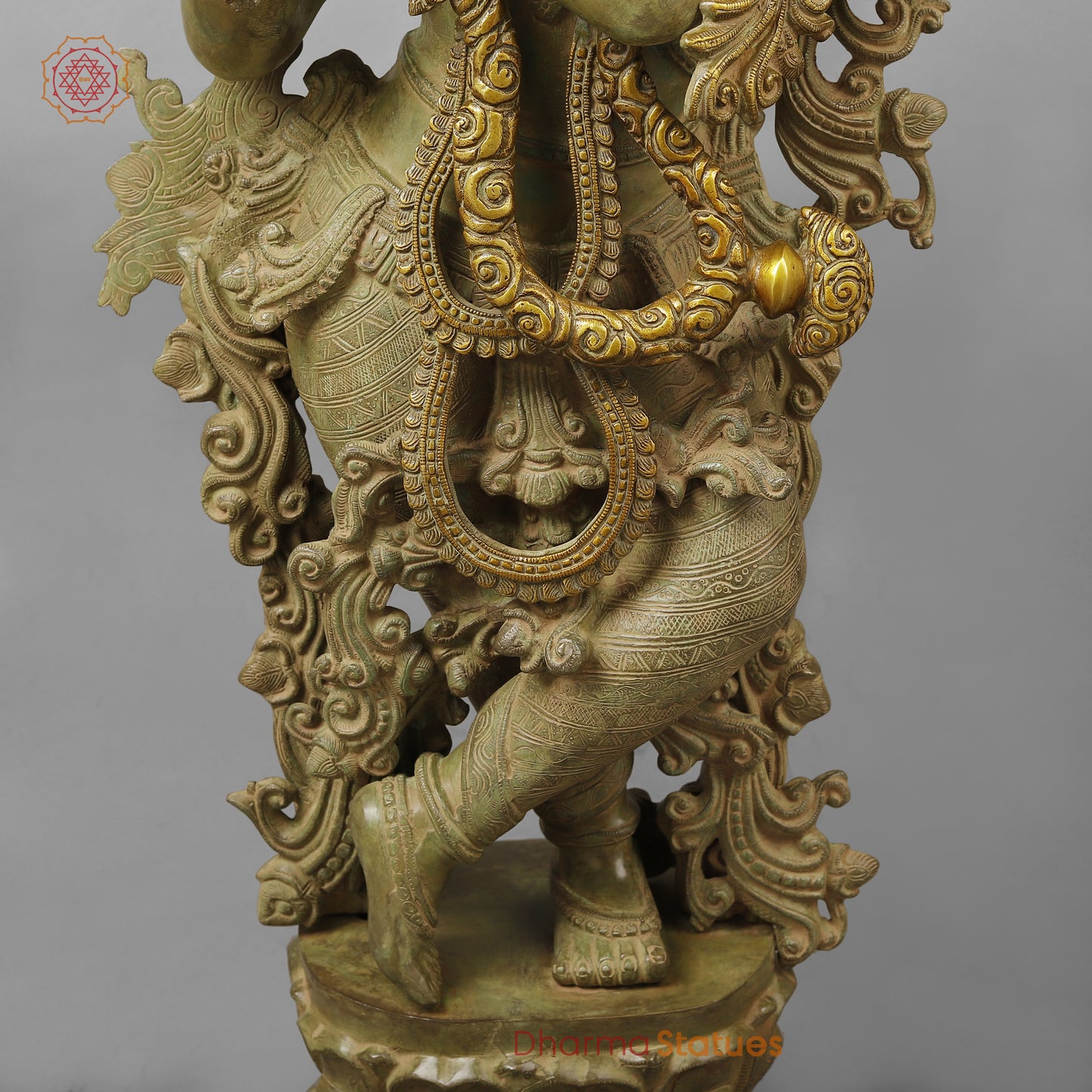 Brass Krishna Playing Flute, Green Patina Finish, 46"