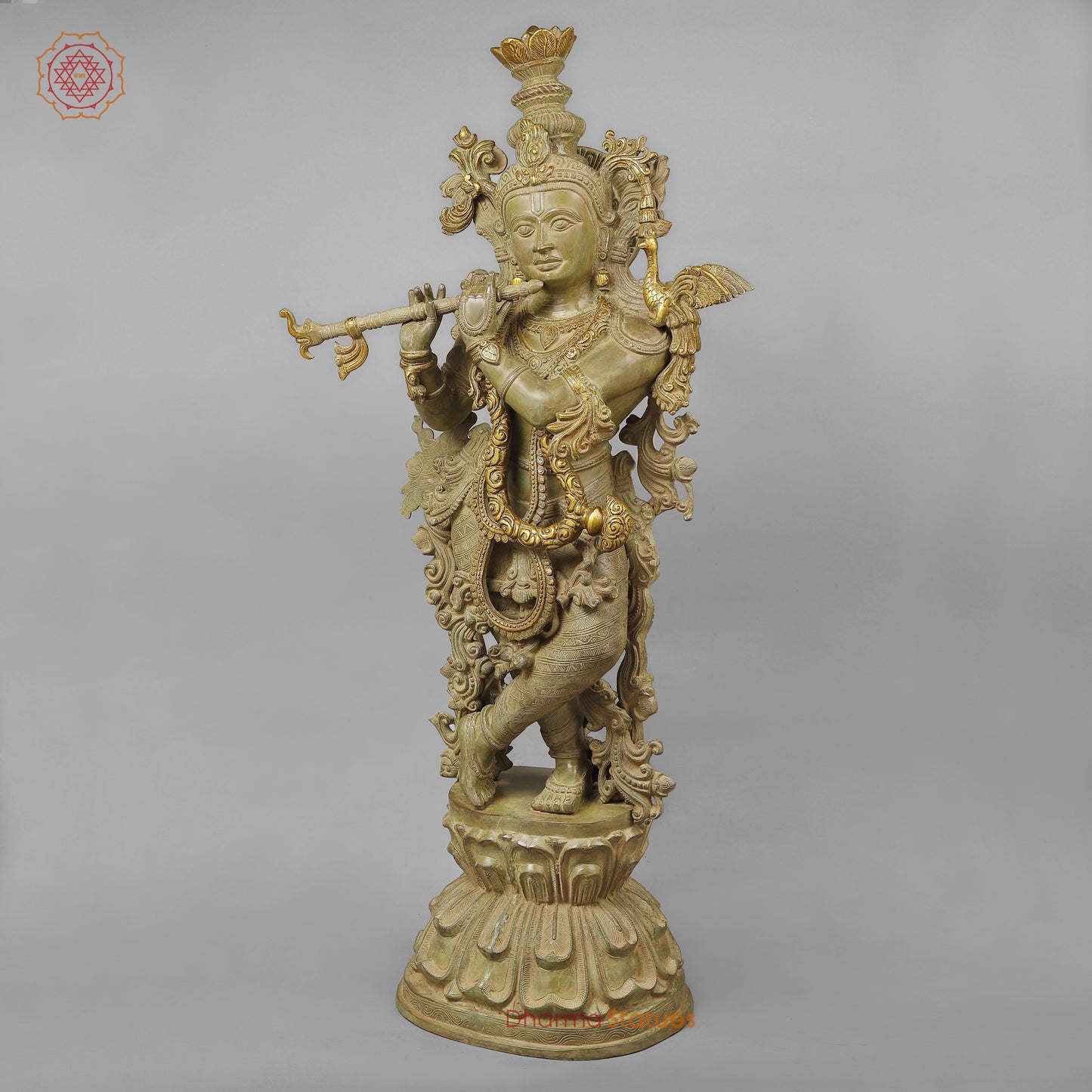 Brass Krishna Playing Flute, Green Patina Finish, 46"
