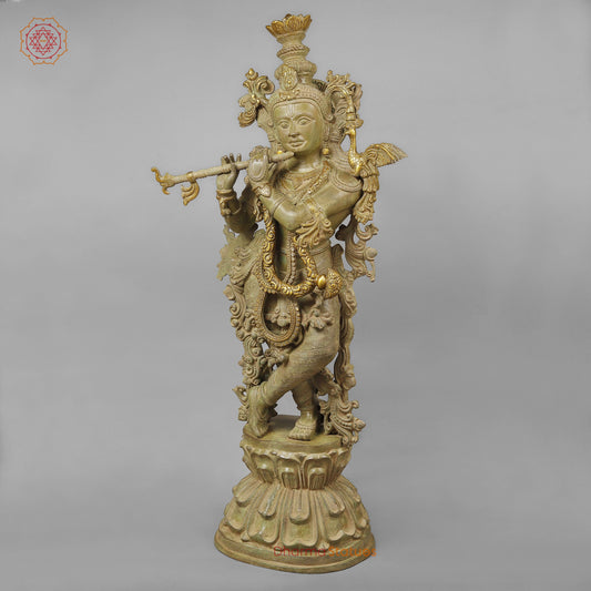 Brass Krishna Playing Flute, Green Patina Finish, 46"