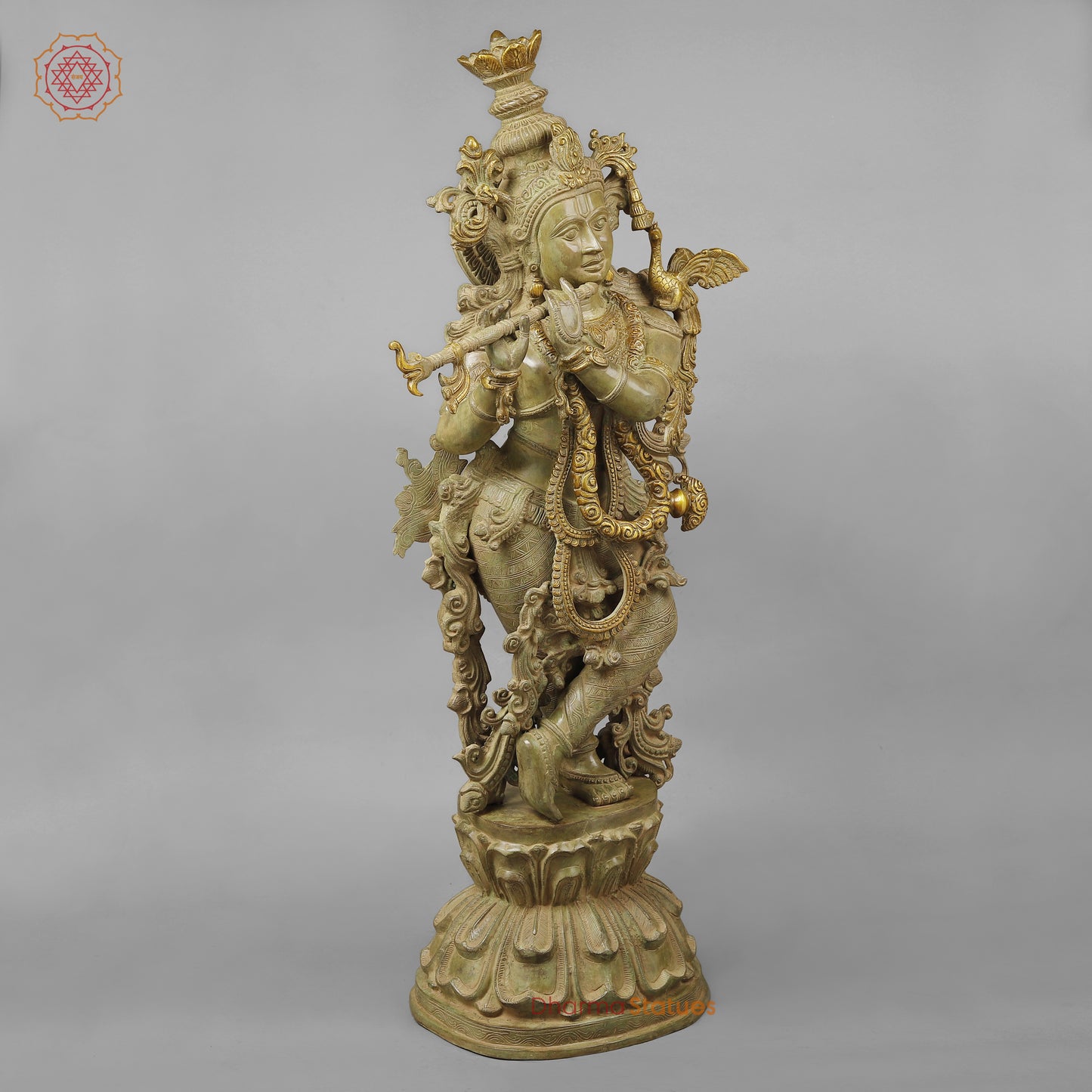 Brass Krishna Playing Flute, Green Patina Finish, 46"