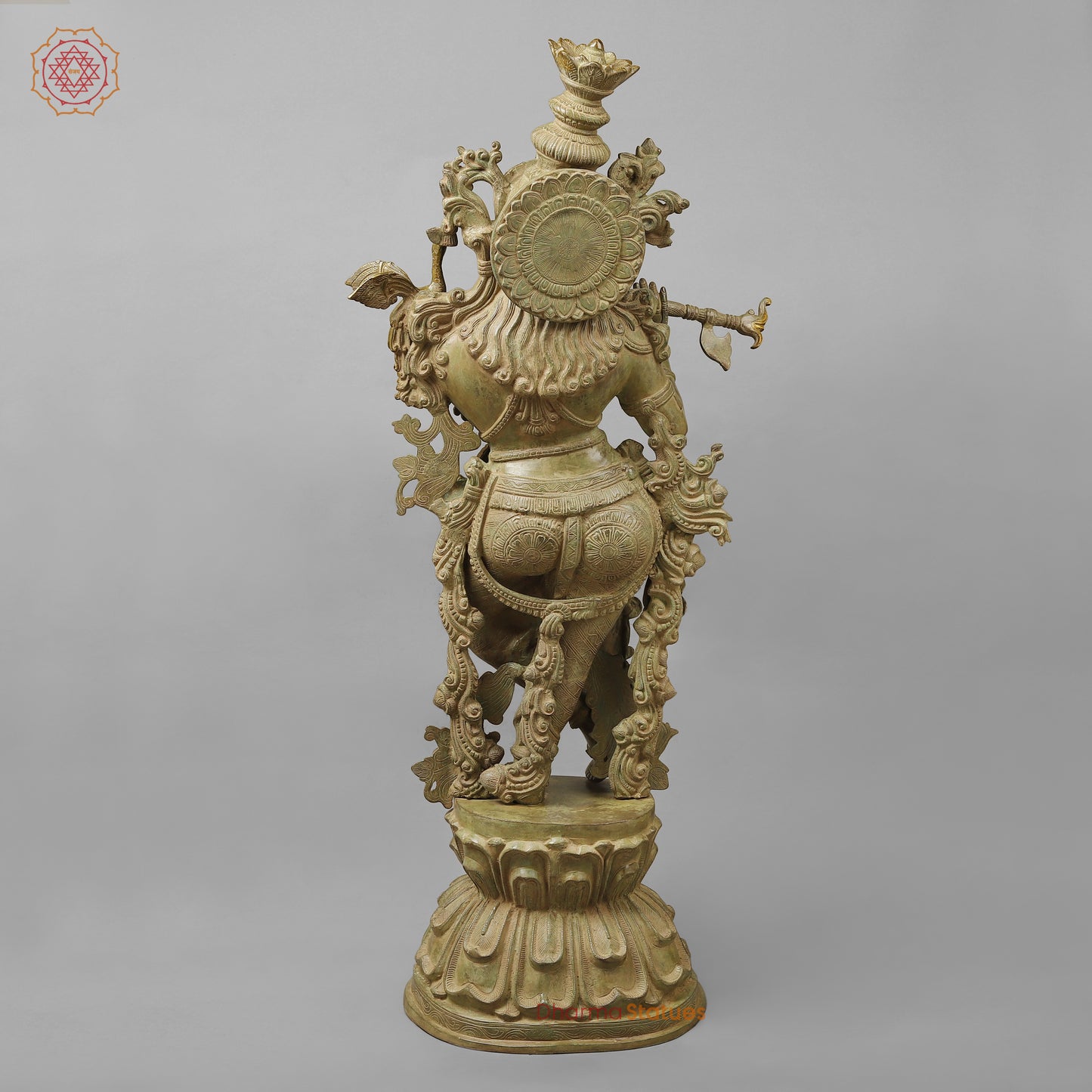 Brass Krishna Playing Flute, Green Patina Finish, 46"