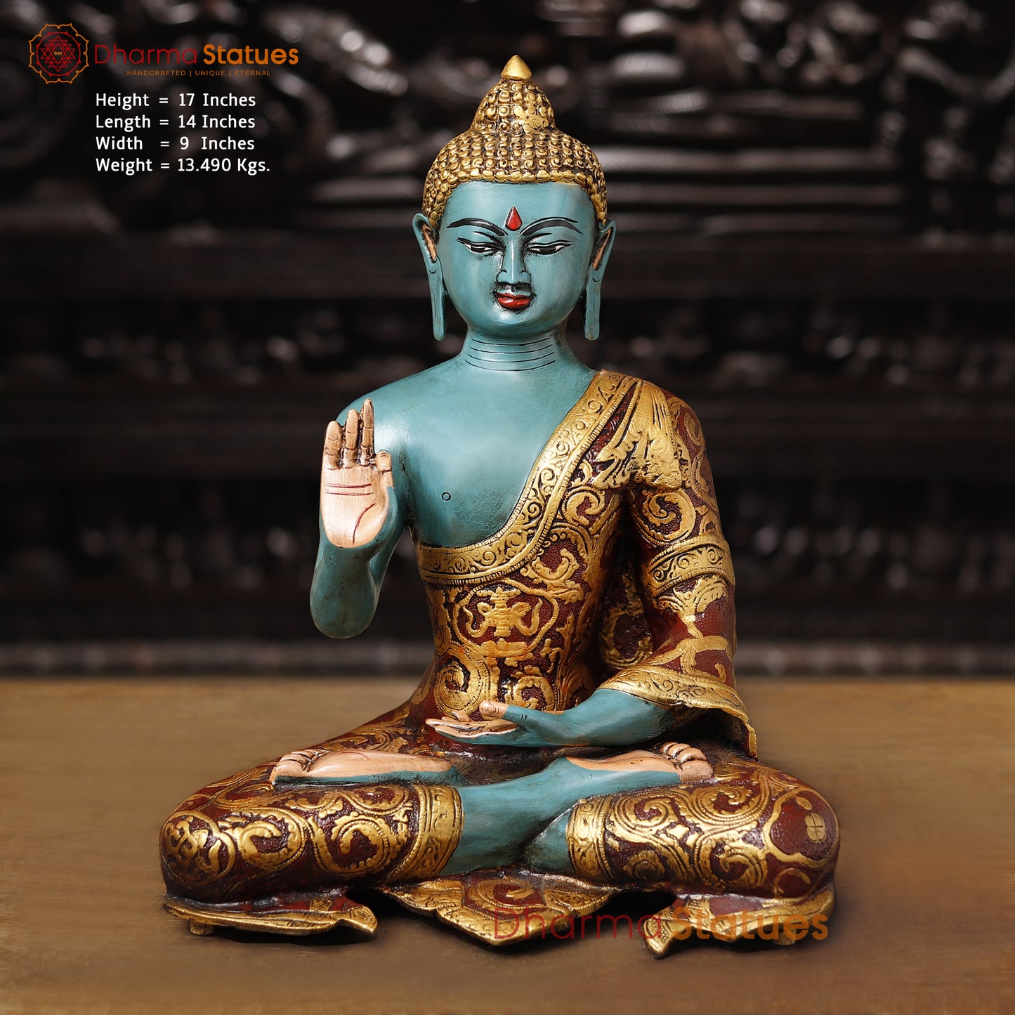 Brass Buddha Blessing Hand Painted 17" Front View