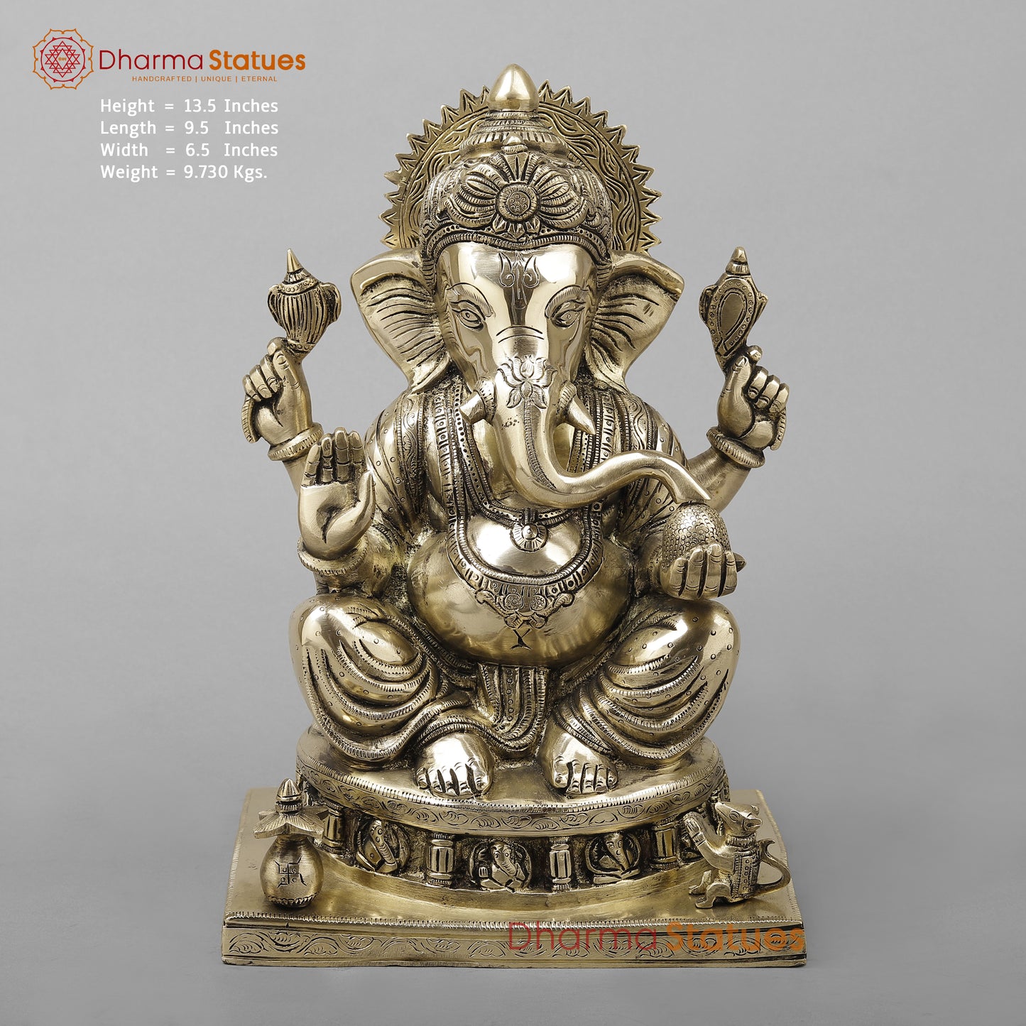 Brass Ganesh Seated With Ashtvinayak Ganesh carving on base, Fine Golden Finish, 13.5"
