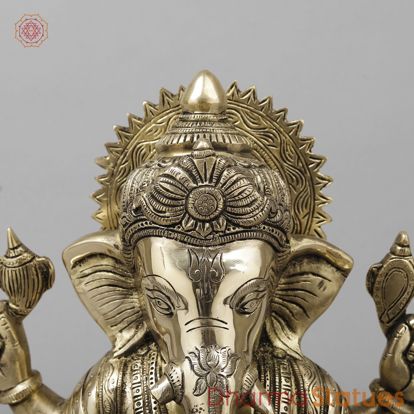 Brass Ganesh Seated With Ashtvinayak Ganesh carving on base, Fine Golden Finish, 13.5"